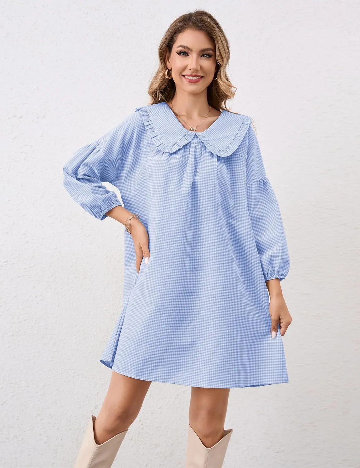 Women Babydoll Plaid Dress 3/4 Puff Sleeve Mini Dress Ruffle Collar Gingham Dress Loose Y2K Short Dress Cute Dresses