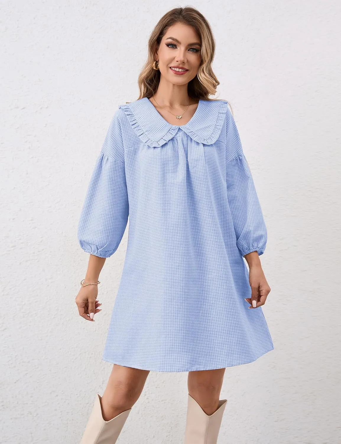 Women Babydoll Plaid Dress 3/4 Puff Sleeve Mini Dress Ruffle Collar Gingham Dress Loose Y2K Short Dress Cute Dresses