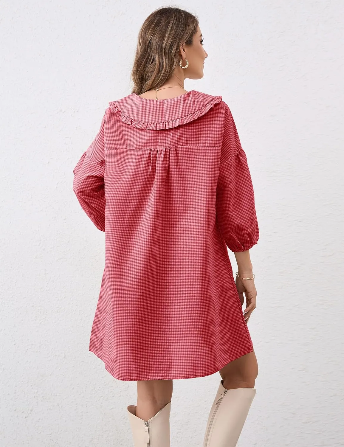 Women Babydoll Plaid Dress 3/4 Puff Sleeve Mini Dress Ruffle Collar Gingham Dress Loose Y2K Short Dress Cute Dresses