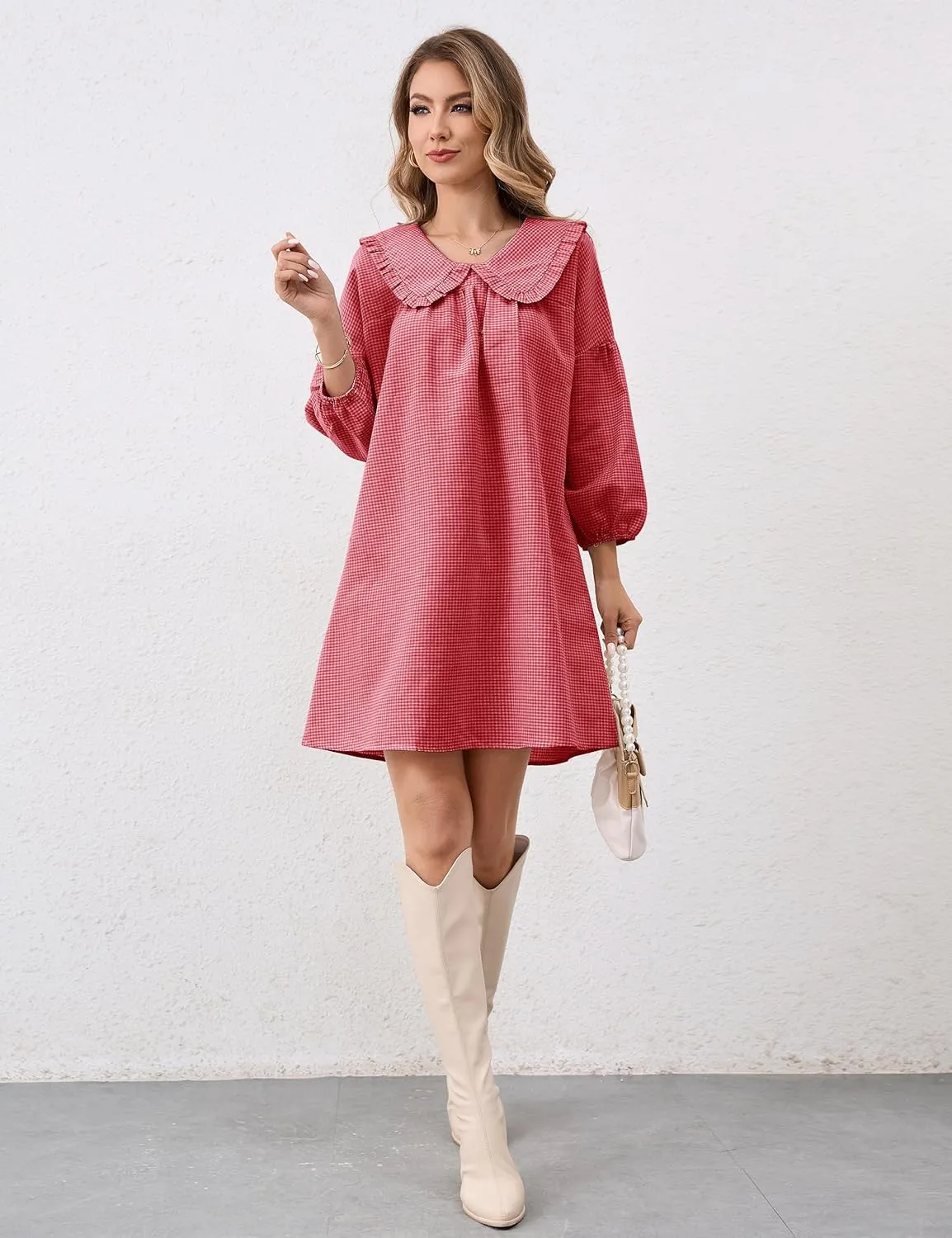 Women Babydoll Plaid Dress 3/4 Puff Sleeve Mini Dress Ruffle Collar Gingham Dress Loose Y2K Short Dress Cute Dresses