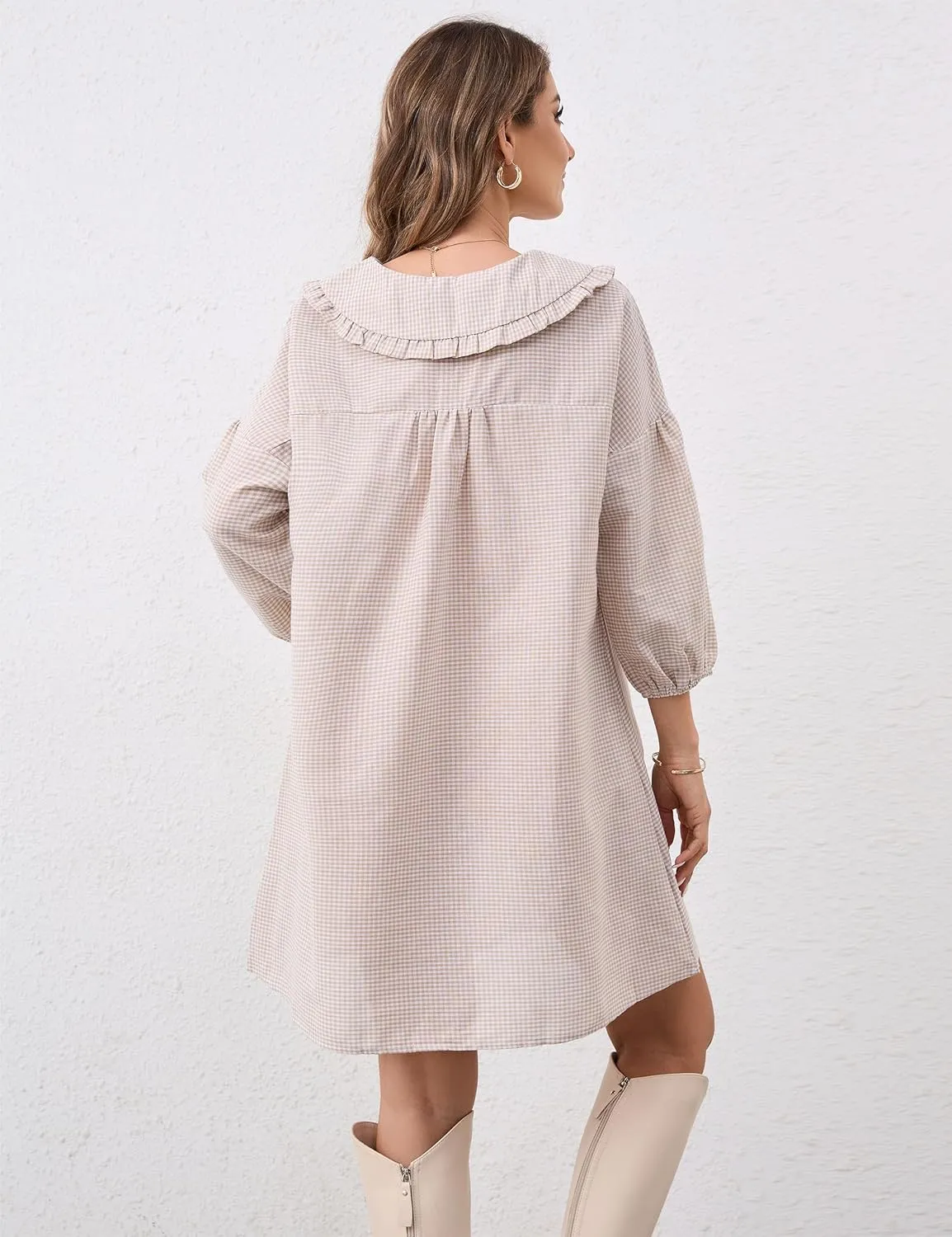 Women Babydoll Plaid Dress 3/4 Puff Sleeve Mini Dress Ruffle Collar Gingham Dress Loose Y2K Short Dress Cute Dresses