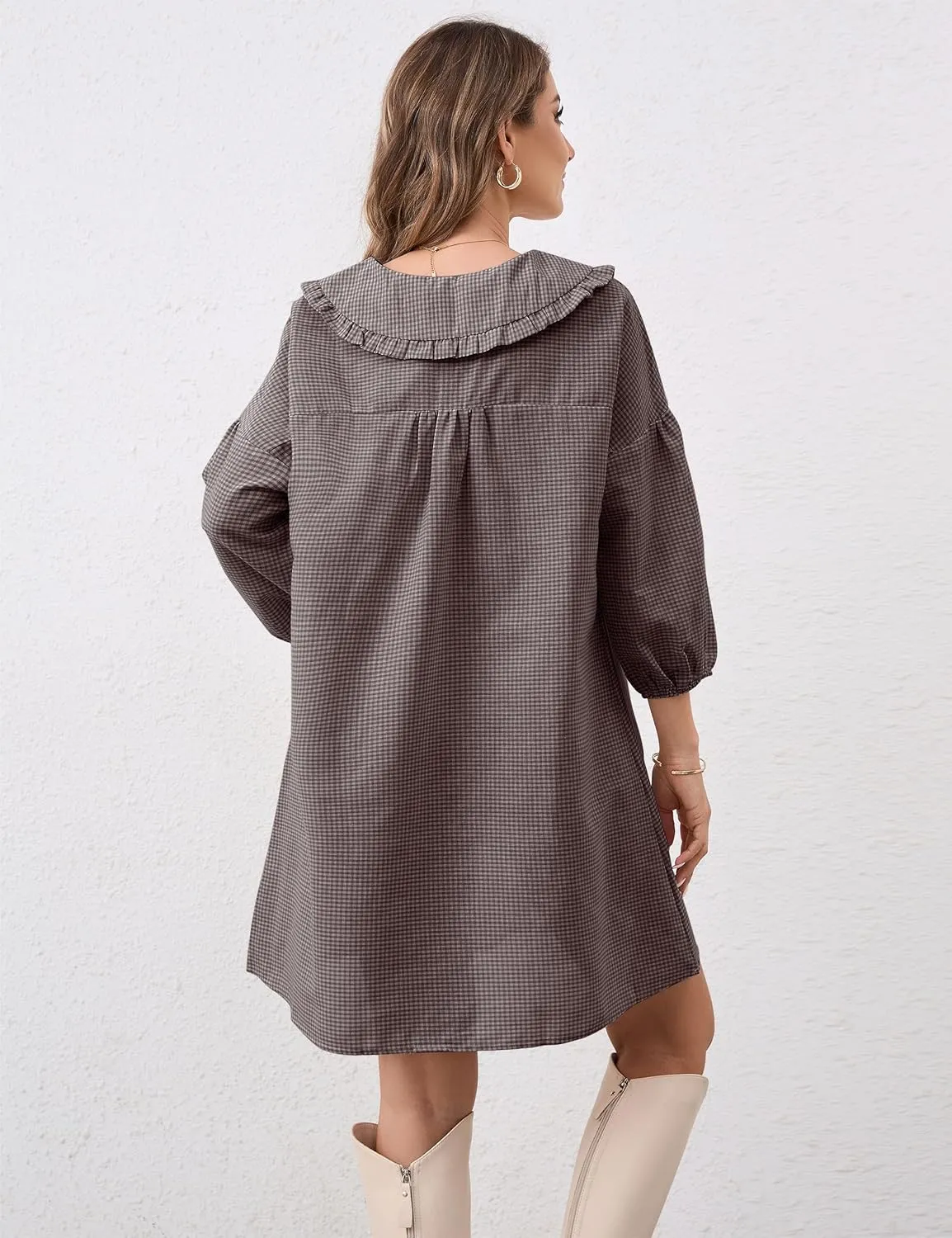 Women Babydoll Plaid Dress 3/4 Puff Sleeve Mini Dress Ruffle Collar Gingham Dress Loose Y2K Short Dress Cute Dresses