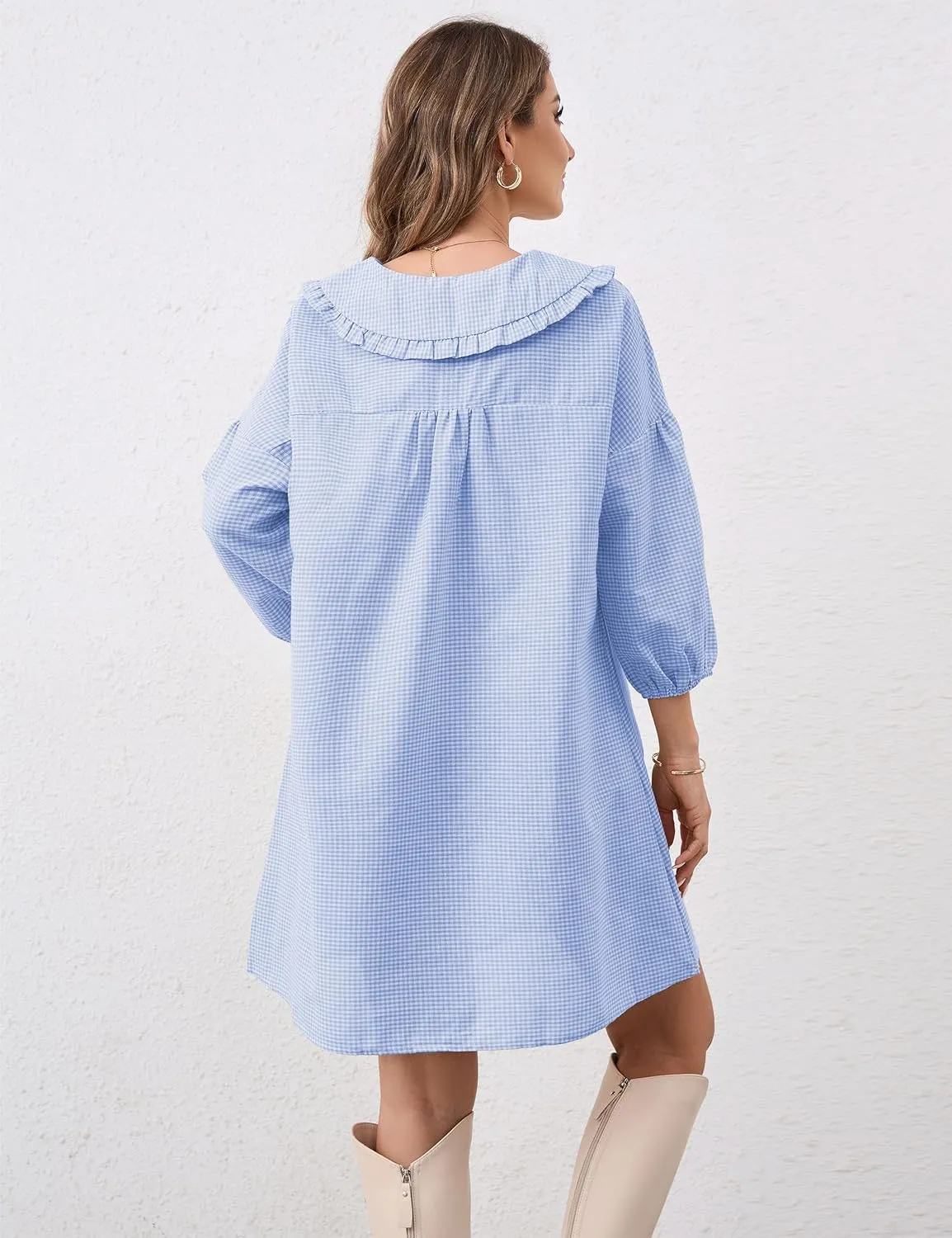 Women Babydoll Plaid Dress 3/4 Puff Sleeve Mini Dress Ruffle Collar Gingham Dress Loose Y2K Short Dress Cute Dresses