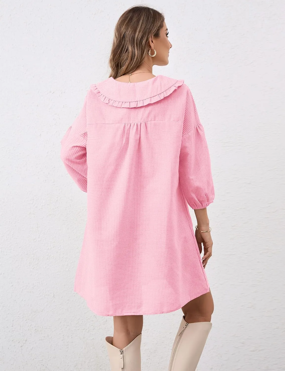 Women Babydoll Plaid Dress 3/4 Puff Sleeve Mini Dress Ruffle Collar Gingham Dress Loose Y2K Short Dress Cute Dresses