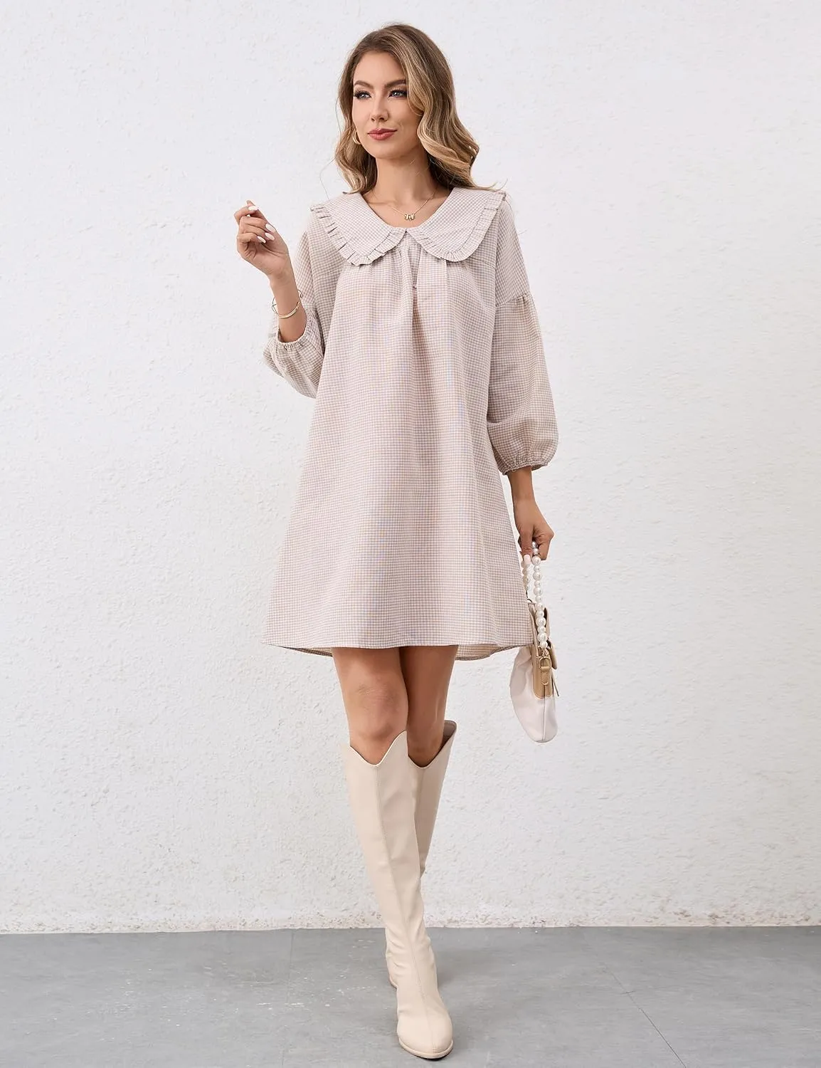 Women Babydoll Plaid Dress 3/4 Puff Sleeve Mini Dress Ruffle Collar Gingham Dress Loose Y2K Short Dress Cute Dresses