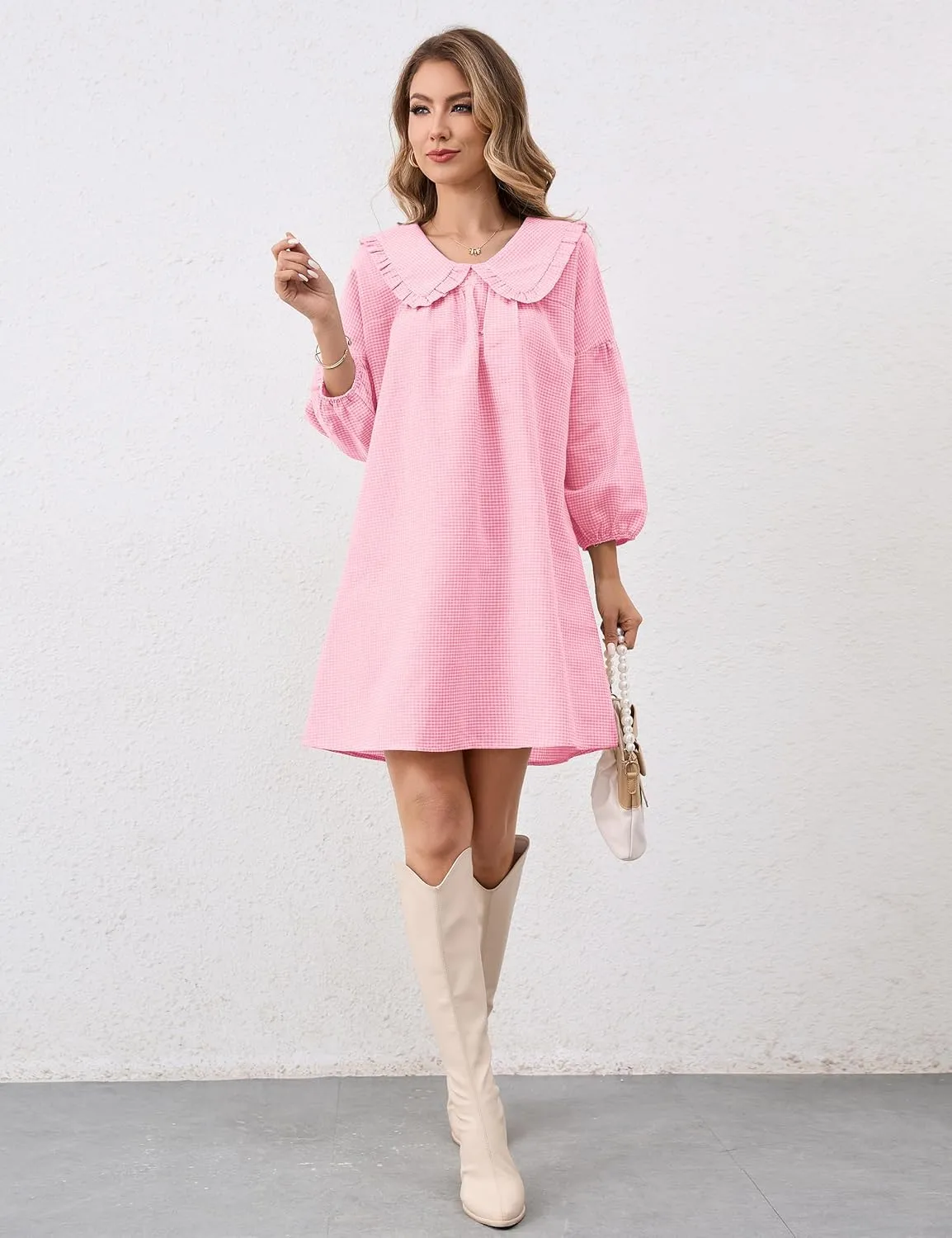 Women Babydoll Plaid Dress 3/4 Puff Sleeve Mini Dress Ruffle Collar Gingham Dress Loose Y2K Short Dress Cute Dresses