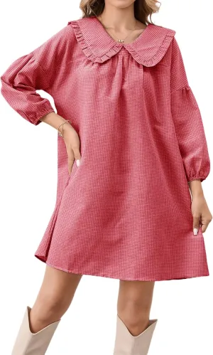 Women Babydoll Plaid Dress 3/4 Puff Sleeve Mini Dress Ruffle Collar Gingham Dress Loose Y2K Short Dress Cute Dresses