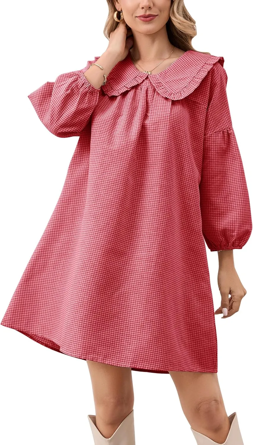 Women Babydoll Plaid Dress 3/4 Puff Sleeve Mini Dress Ruffle Collar Gingham Dress Loose Y2K Short Dress Cute Dresses