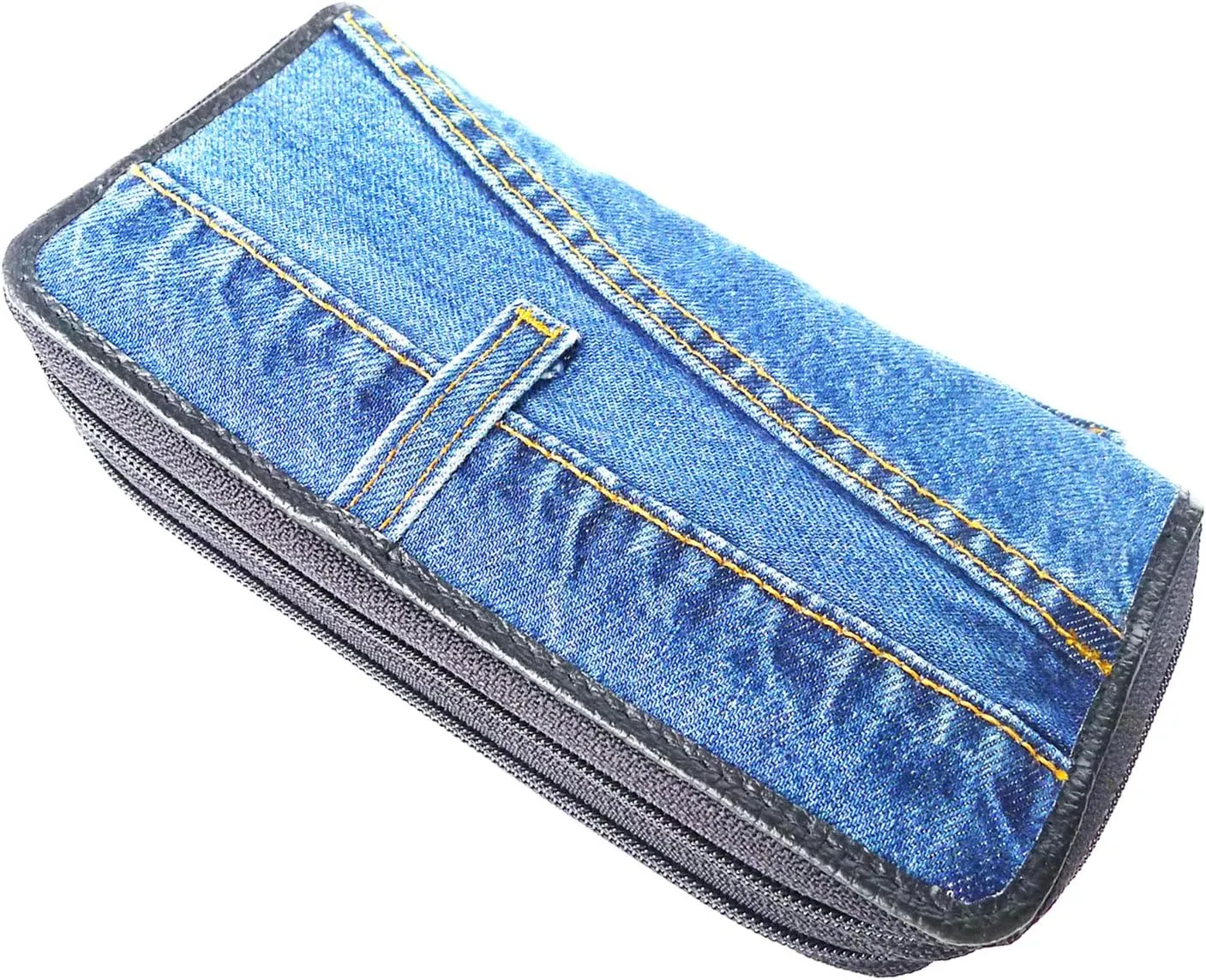 Women Blue Denim Money Double Zipper Around Accordion Wallet Wristlet Purse Clutch DMW015