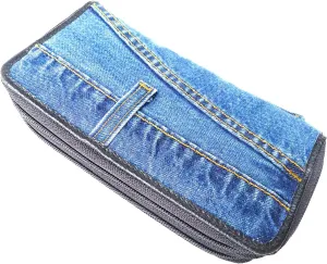 Women Blue Denim Money Double Zipper Around Accordion Wallet Wristlet Purse Clutch DMW015