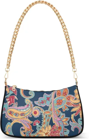 Women Chain Shoulder Purse Bag With Zipper Paisley Geometric Pattern Print, Boho Ethnic Flowers Hobo Tote Clutch Handbags with Chain Strap
