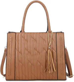 Women Handbag Embroidery Leather Purse With Tassel Solid Colored Work Tote Bag Top Handle Bag with Long Shoulder Strap