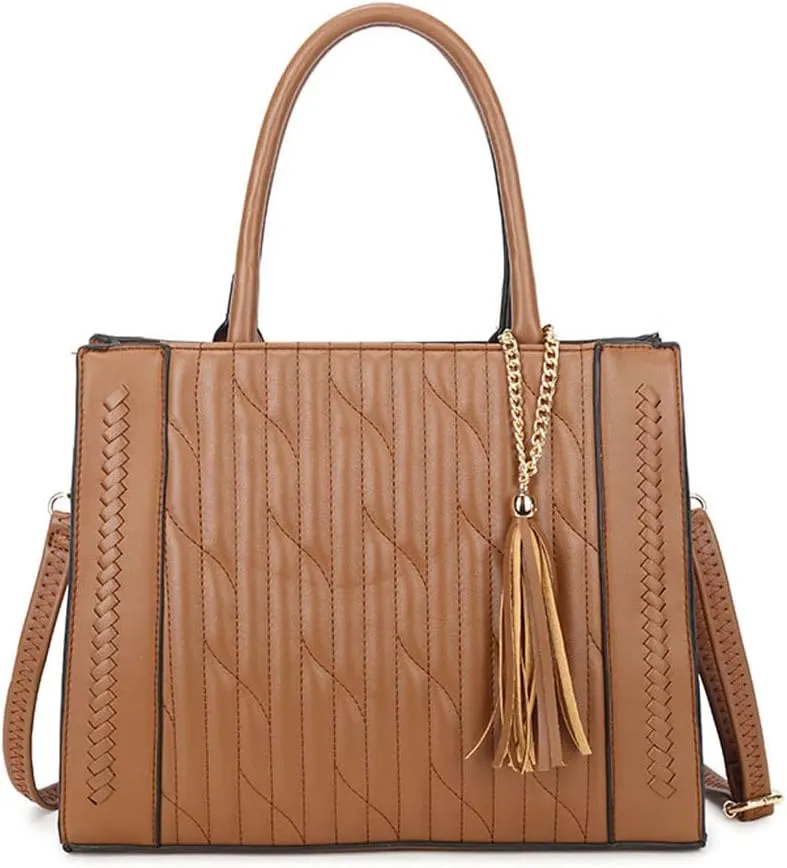 Women Handbag Embroidery Leather Purse With Tassel Solid Colored Work Tote Bag Top Handle Bag with Long Shoulder Strap