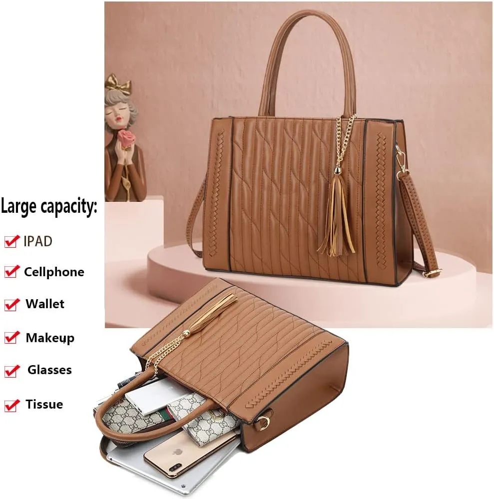 Women Handbag Embroidery Leather Purse With Tassel Solid Colored Work Tote Bag Top Handle Bag with Long Shoulder Strap