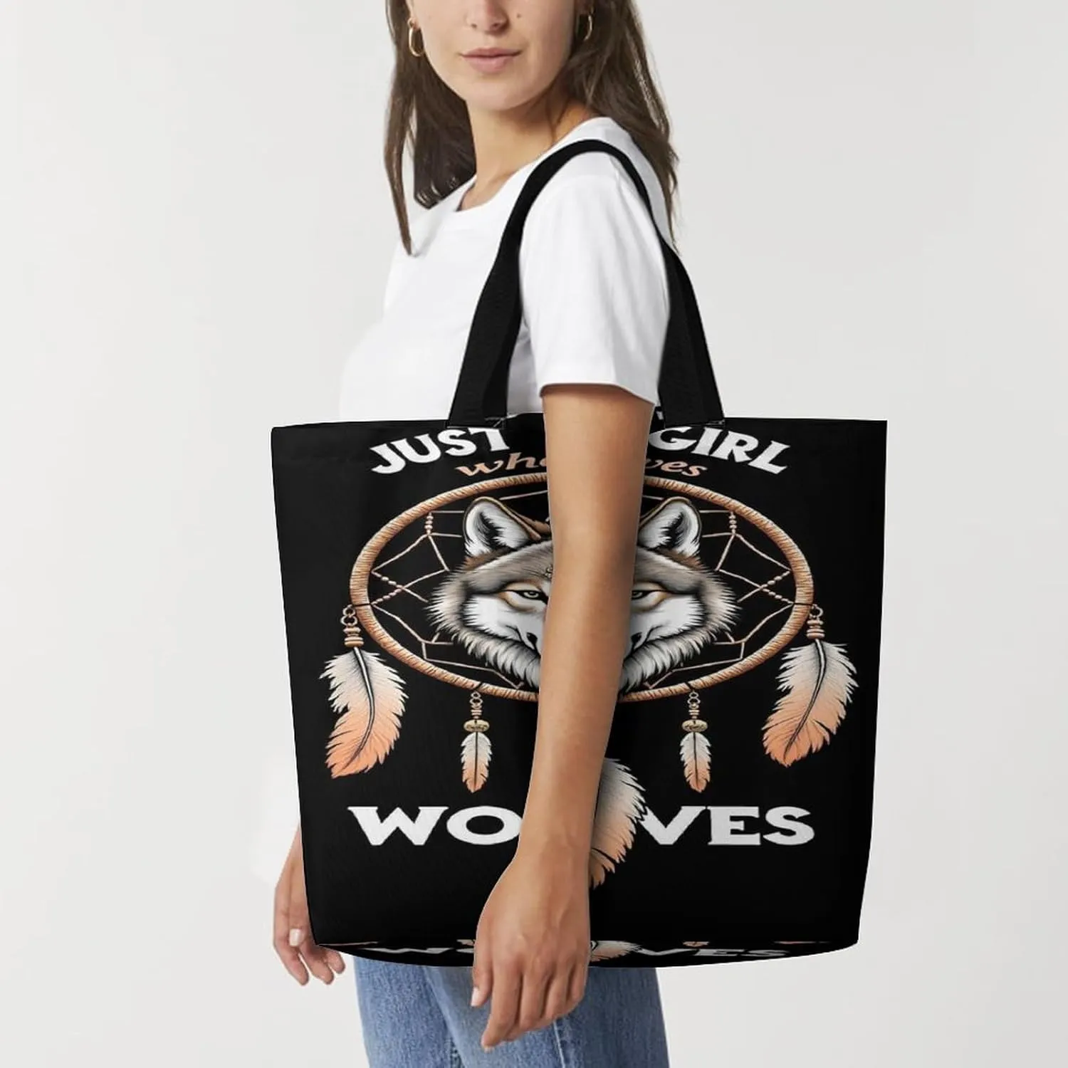 Women Just A Girl Who Loves Wolves Dream Catcher Tote Satchel Polyester Hobo Handbag, Big Capacity Sling Shoulder Bag for Travel Work Shopping, Zippered Daily Purse