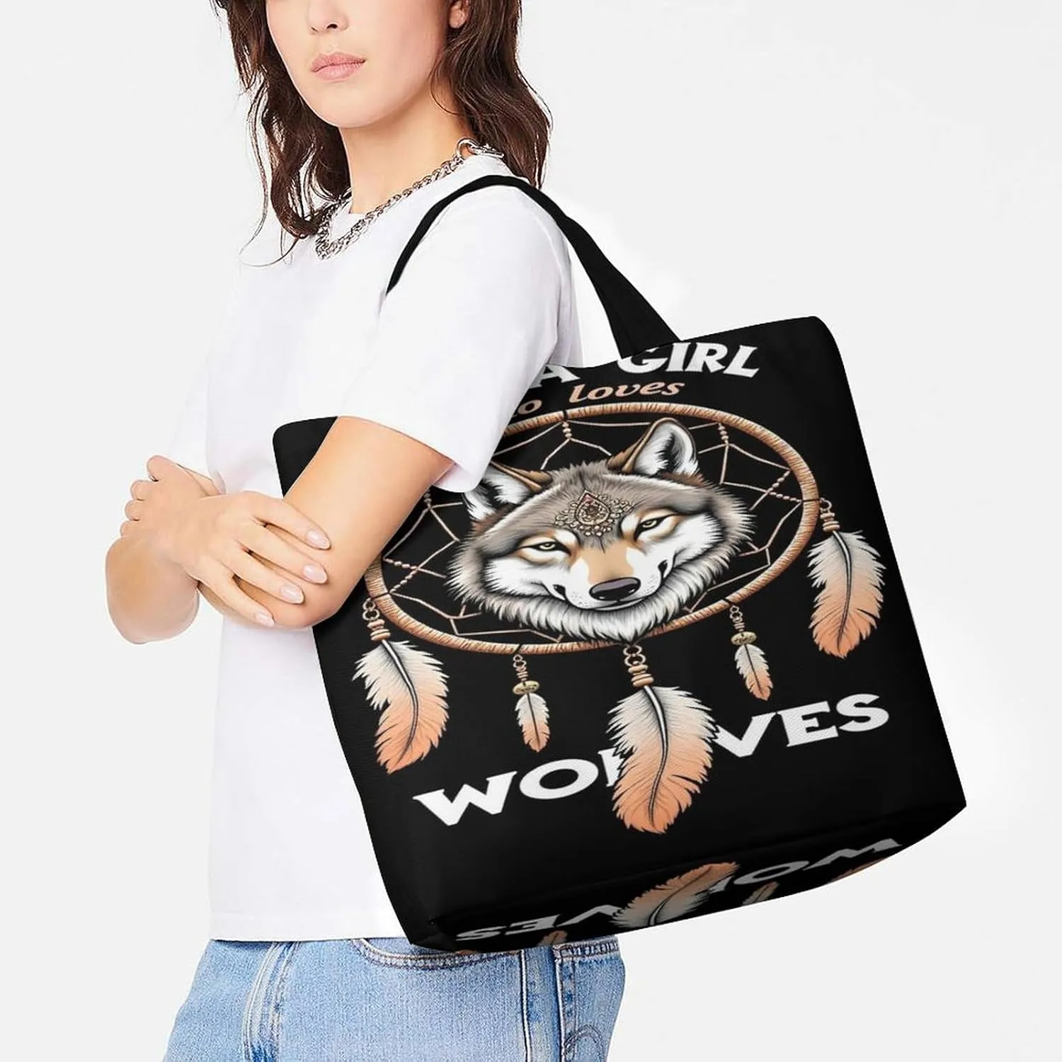 Women Just A Girl Who Loves Wolves Dream Catcher Tote Satchel Polyester Hobo Handbag, Big Capacity Sling Shoulder Bag for Travel Work Shopping, Zippered Daily Purse