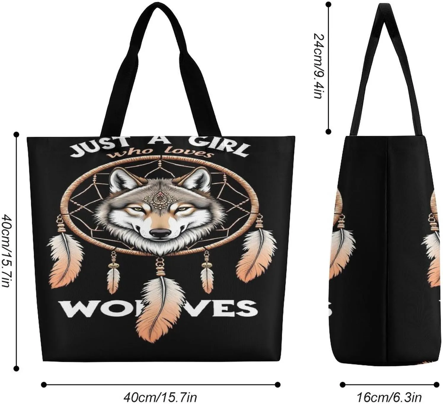 Women Just A Girl Who Loves Wolves Dream Catcher Tote Satchel Polyester Hobo Handbag, Big Capacity Sling Shoulder Bag for Travel Work Shopping, Zippered Daily Purse