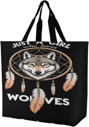 Women Just A Girl Who Loves Wolves Dream Catcher Tote Satchel Polyester Hobo Handbag, Big Capacity Sling Shoulder Bag for Travel Work Shopping, Zippered Daily Purse