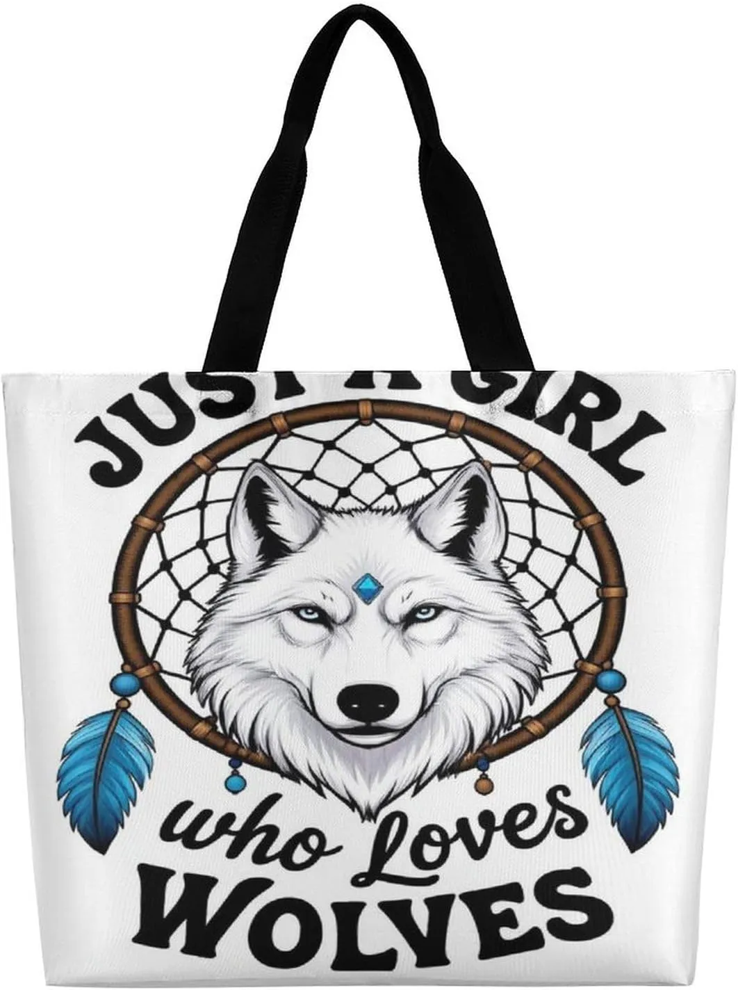 Women Lightweight Handbag for Travel Business Shopping, Just A Girl Who Loves Wolves Dream Catcher Polyester Tote Shoulder Bag Spacious Tote Satchel Travel Bag Shopper Handbag