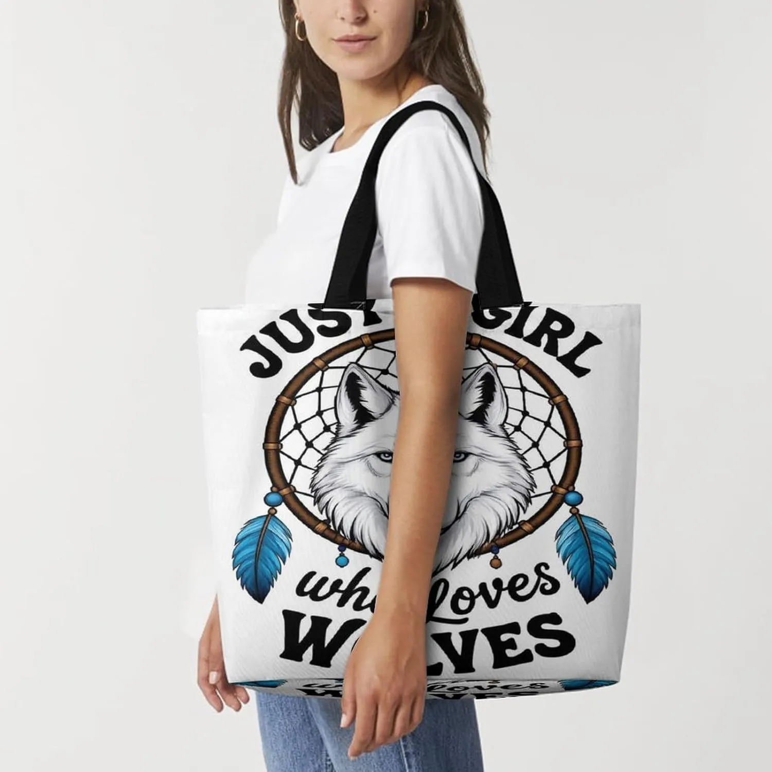 Women Lightweight Handbag for Travel Business Shopping, Just A Girl Who Loves Wolves Dream Catcher Polyester Tote Shoulder Bag Spacious Tote Satchel Travel Bag Shopper Handbag