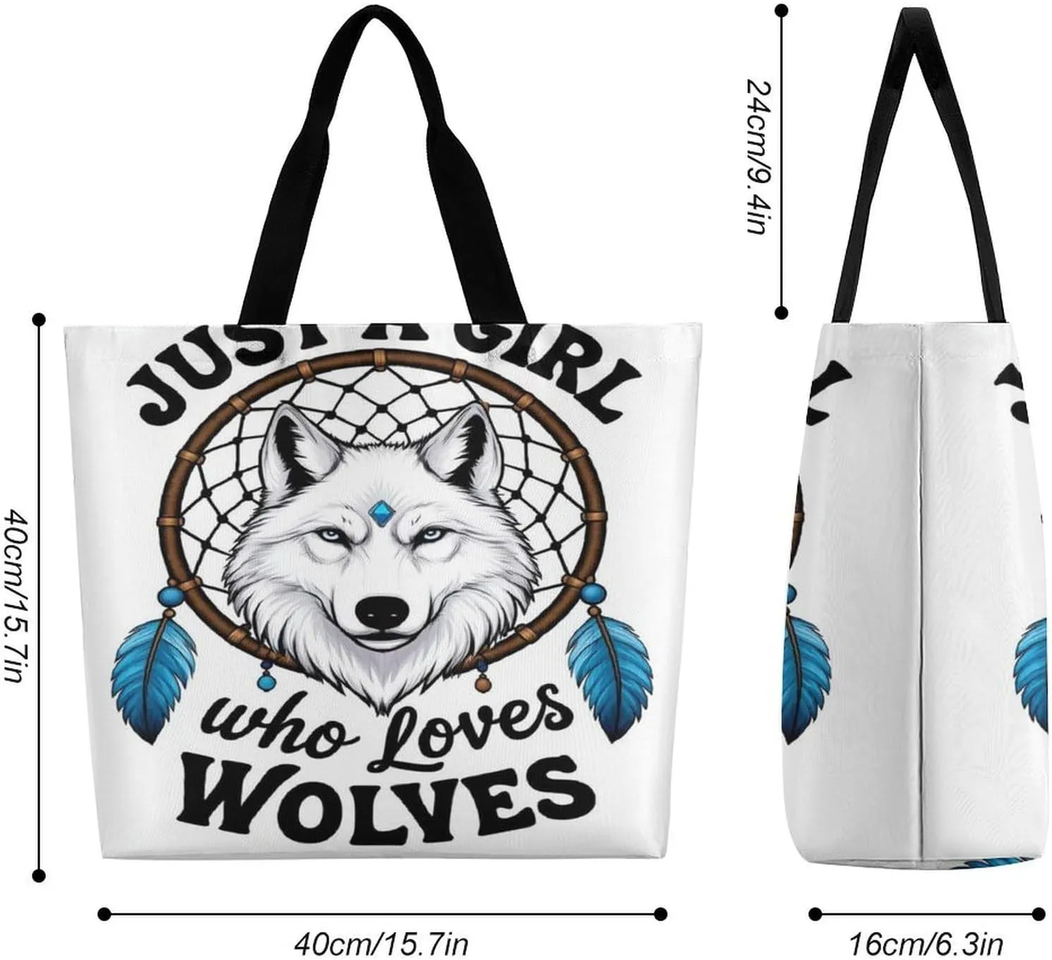 Women Lightweight Handbag for Travel Business Shopping, Just A Girl Who Loves Wolves Dream Catcher Polyester Tote Shoulder Bag Spacious Tote Satchel Travel Bag Shopper Handbag