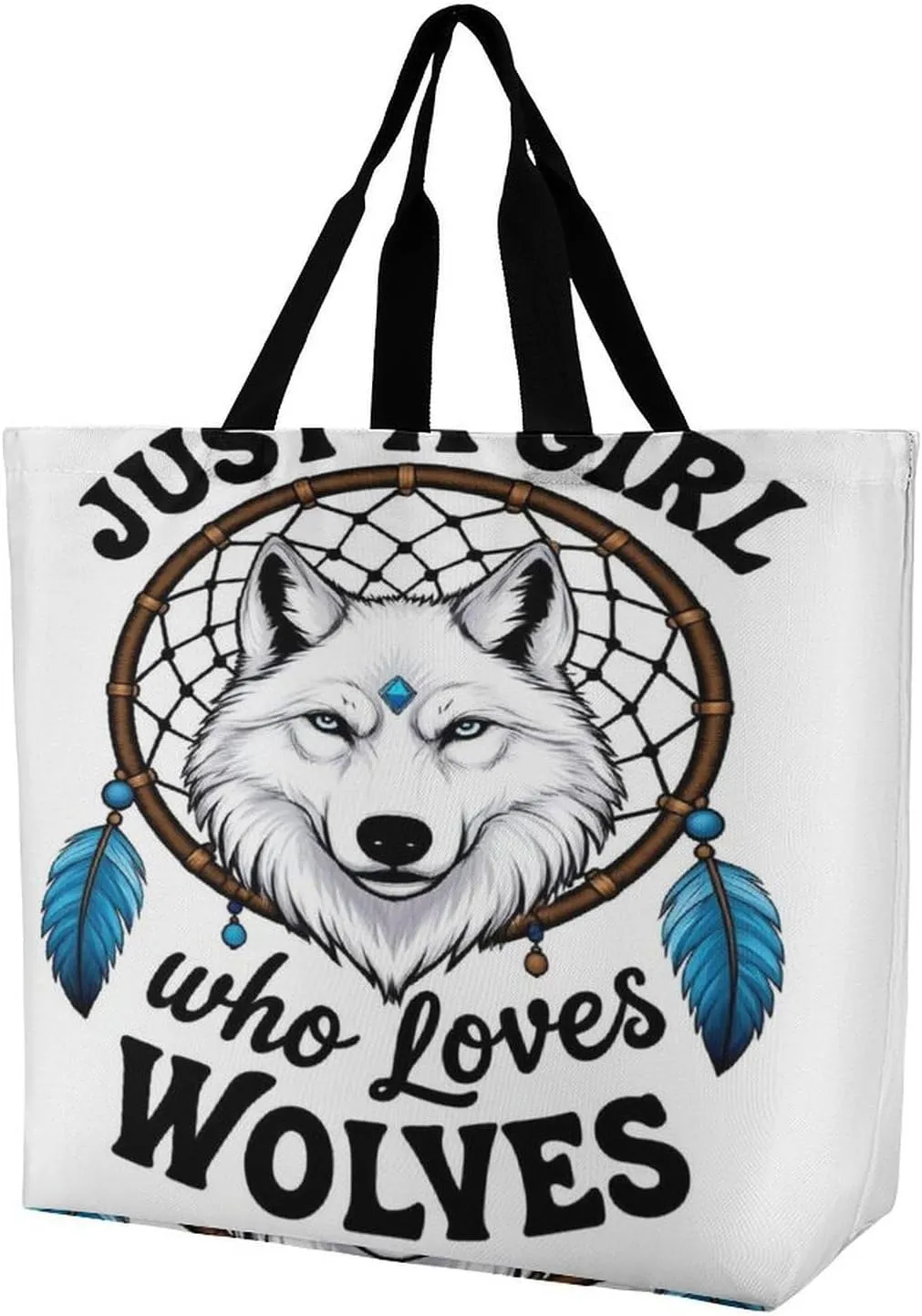 Women Lightweight Handbag for Travel Business Shopping, Just A Girl Who Loves Wolves Dream Catcher Polyester Tote Shoulder Bag Spacious Tote Satchel Travel Bag Shopper Handbag