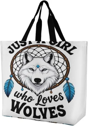 Women Lightweight Handbag for Travel Business Shopping, Just A Girl Who Loves Wolves Dream Catcher Polyester Tote Shoulder Bag Spacious Tote Satchel Travel Bag Shopper Handbag