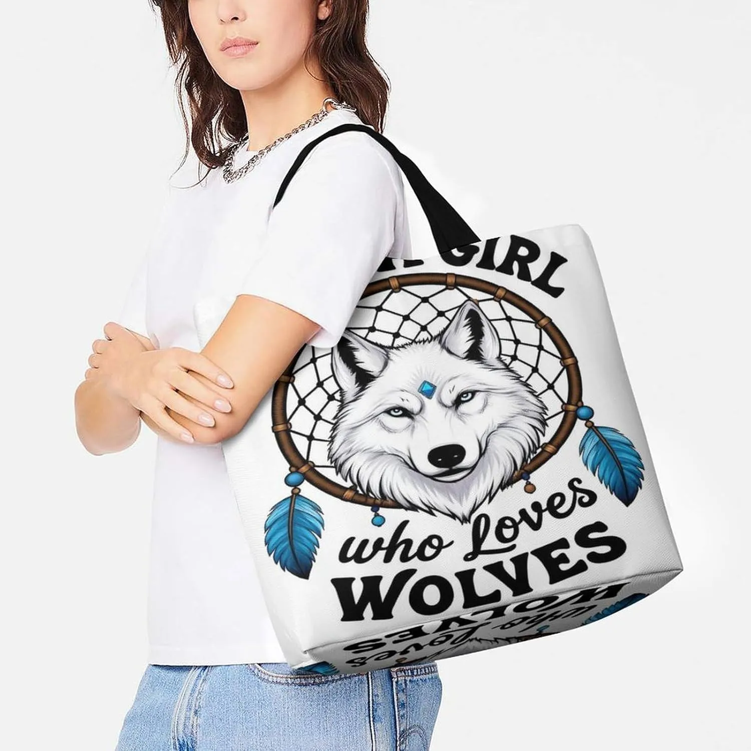 Women Lightweight Handbag for Travel Business Shopping, Just A Girl Who Loves Wolves Dream Catcher Polyester Tote Shoulder Bag Spacious Tote Satchel Travel Bag Shopper Handbag