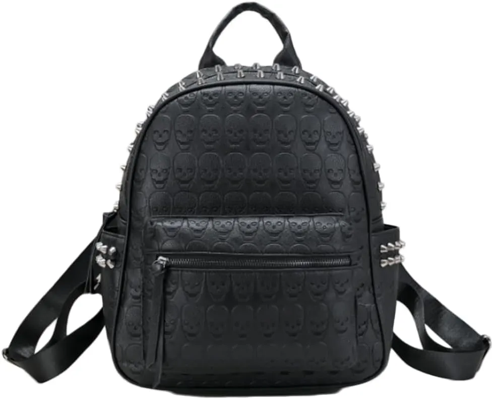 Women Punk Rivets Backpack Skull Printed Daypack Purse PU Leather Shoulder Bags Satchel Black