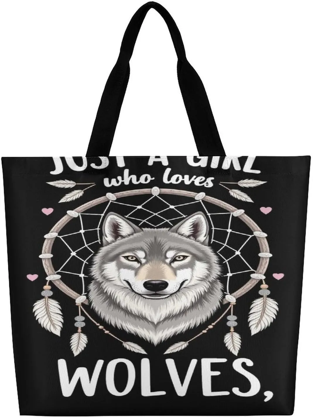 Women Soft Polyester Shoulder Tote Bags Hobo Travel Bag Shopper Handbag - Just A Girl Who Loves Wolves Dream Catcher Handbags for Travel Work, Multi Pockets Tote Satchel
