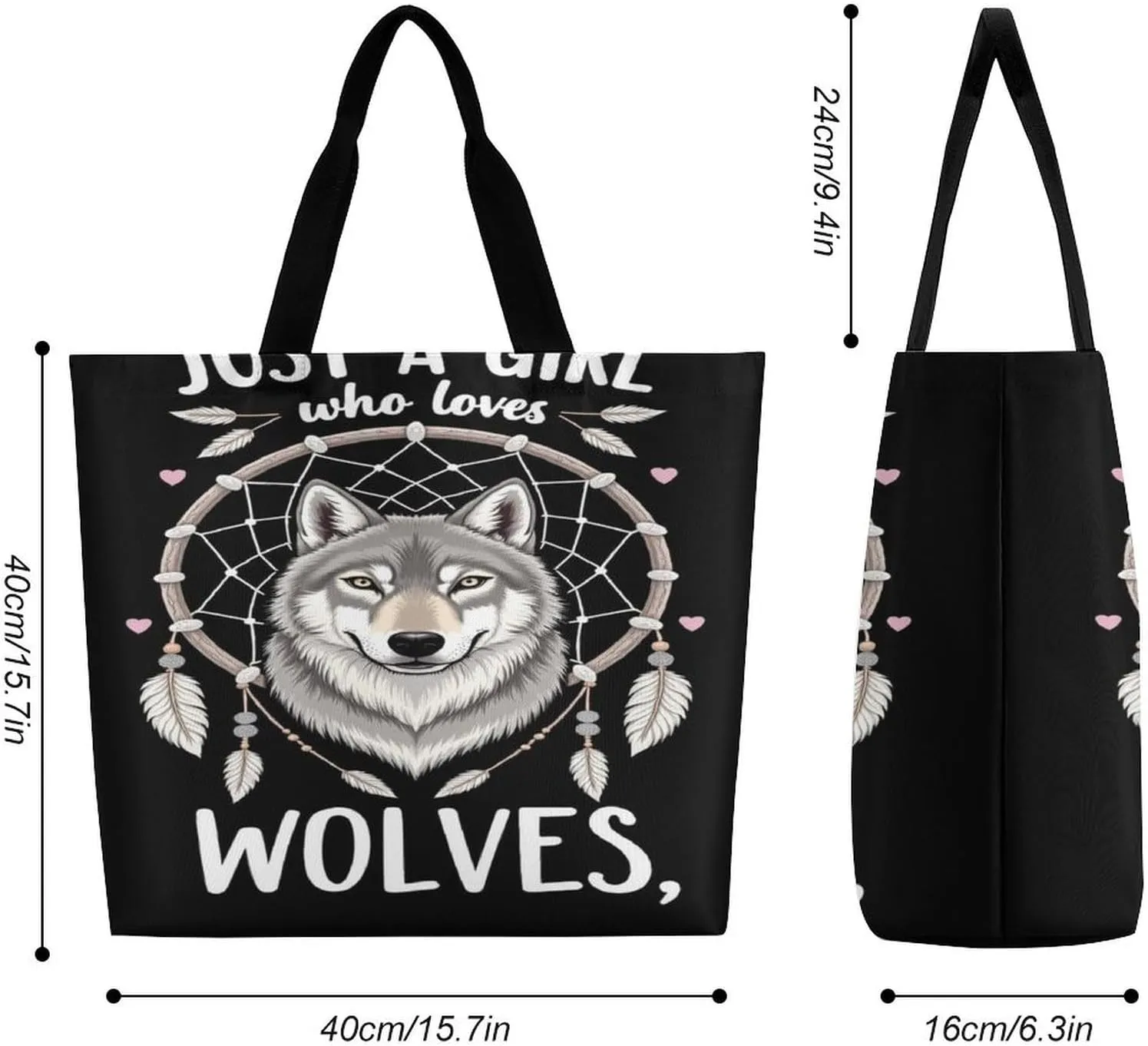 Women Soft Polyester Shoulder Tote Bags Hobo Travel Bag Shopper Handbag - Just A Girl Who Loves Wolves Dream Catcher Handbags for Travel Work, Multi Pockets Tote Satchel