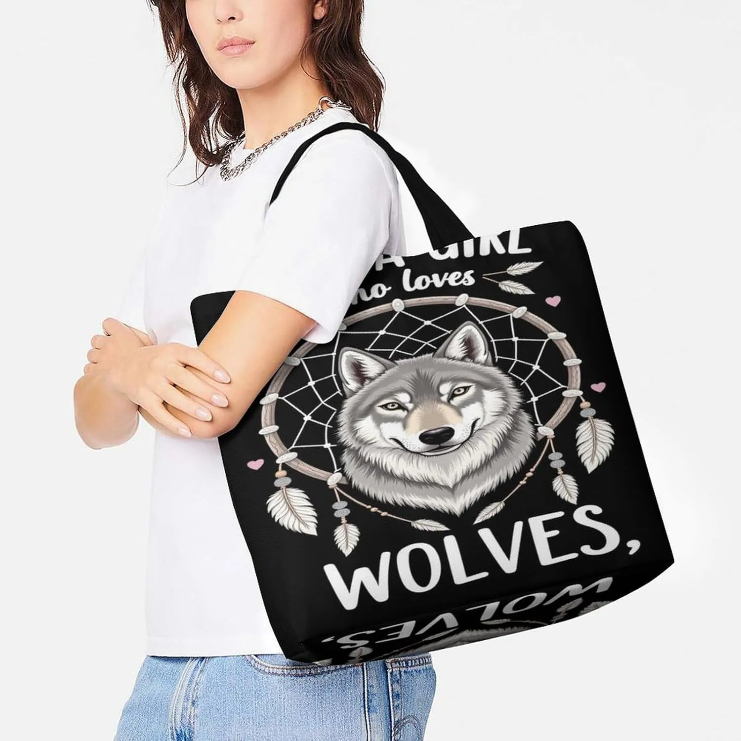 Women Soft Polyester Shoulder Tote Bags Hobo Travel Bag Shopper Handbag - Just A Girl Who Loves Wolves Dream Catcher Handbags for Travel Work, Multi Pockets Tote Satchel