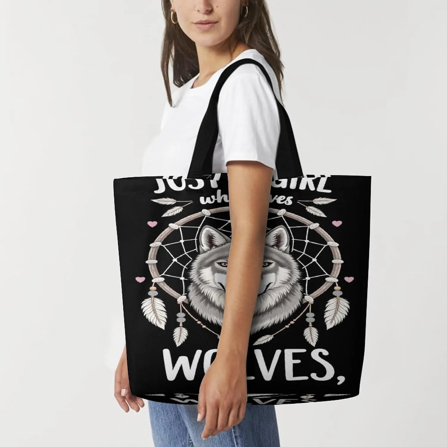 Women Soft Polyester Shoulder Tote Bags Hobo Travel Bag Shopper Handbag - Just A Girl Who Loves Wolves Dream Catcher Handbags for Travel Work, Multi Pockets Tote Satchel