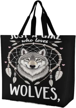 Women Soft Polyester Shoulder Tote Bags Hobo Travel Bag Shopper Handbag - Just A Girl Who Loves Wolves Dream Catcher Handbags for Travel Work, Multi Pockets Tote Satchel