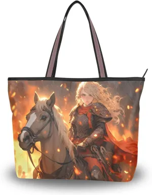 Women Tote Bag Purse-Cartoon Knight with Zipper, Patterned Handbag Reusable Grocery Bag Large Size