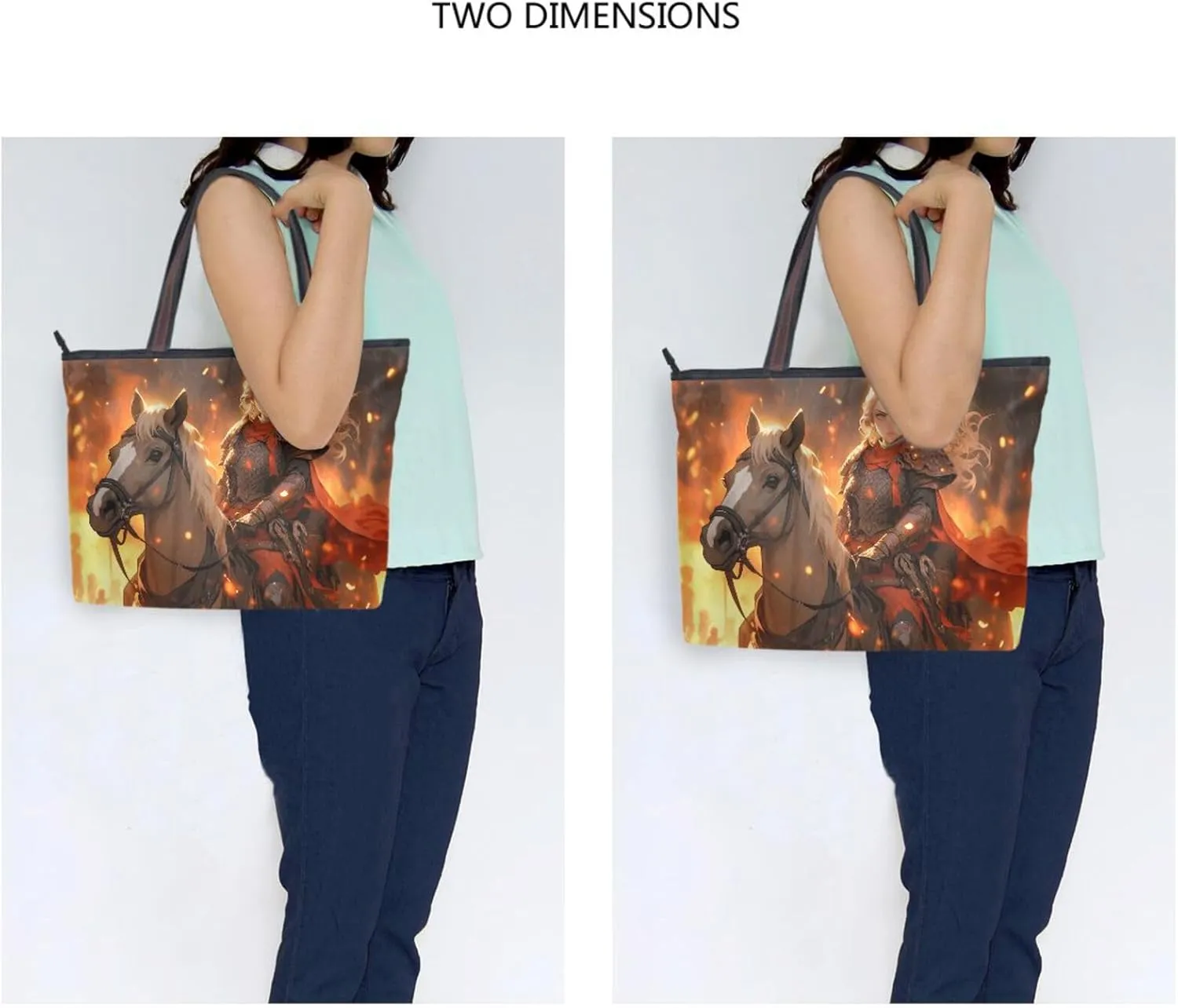 Women Tote Bag Purse-Cartoon Knight with Zipper, Patterned Handbag Reusable Grocery Bag Large Size