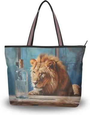 Women Tote Bag Purse-Curious Lion with Zipper, Patterned Handbag Reusable Grocery Bag Large Size