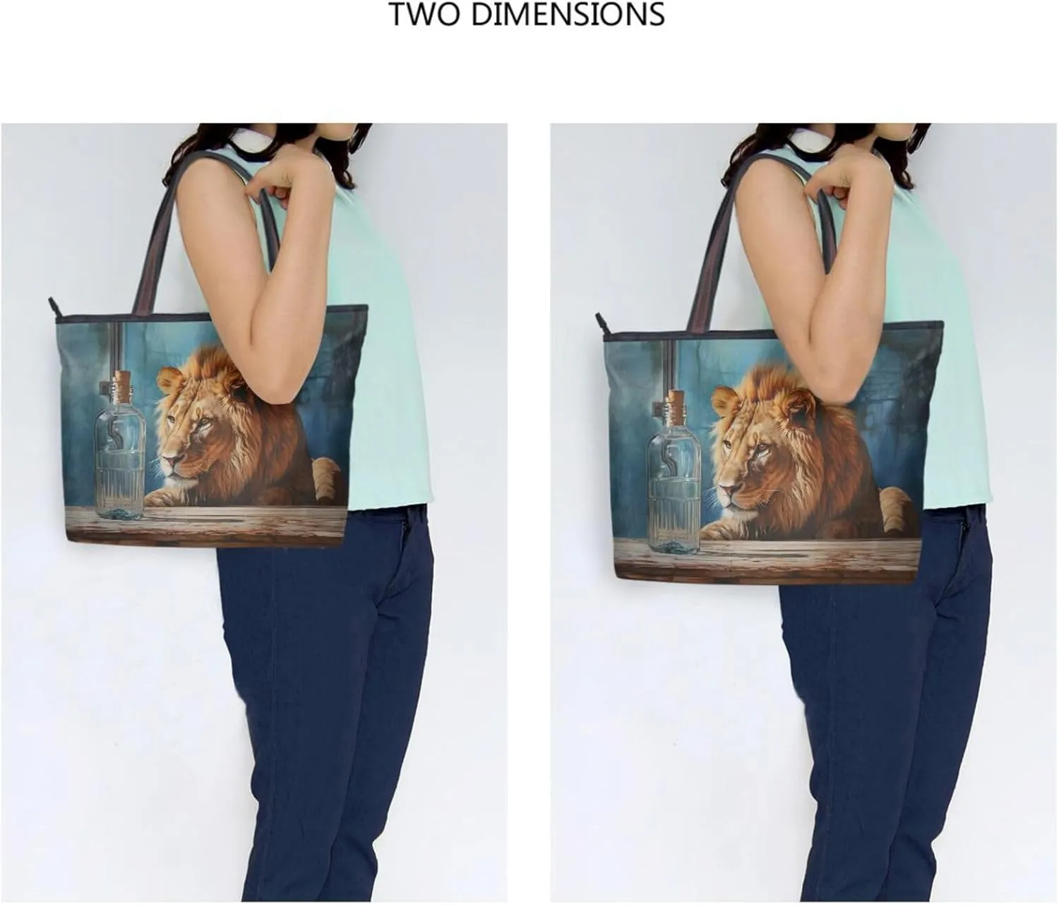 Women Tote Bag Purse-Curious Lion with Zipper, Patterned Handbag Reusable Grocery Bag Large Size