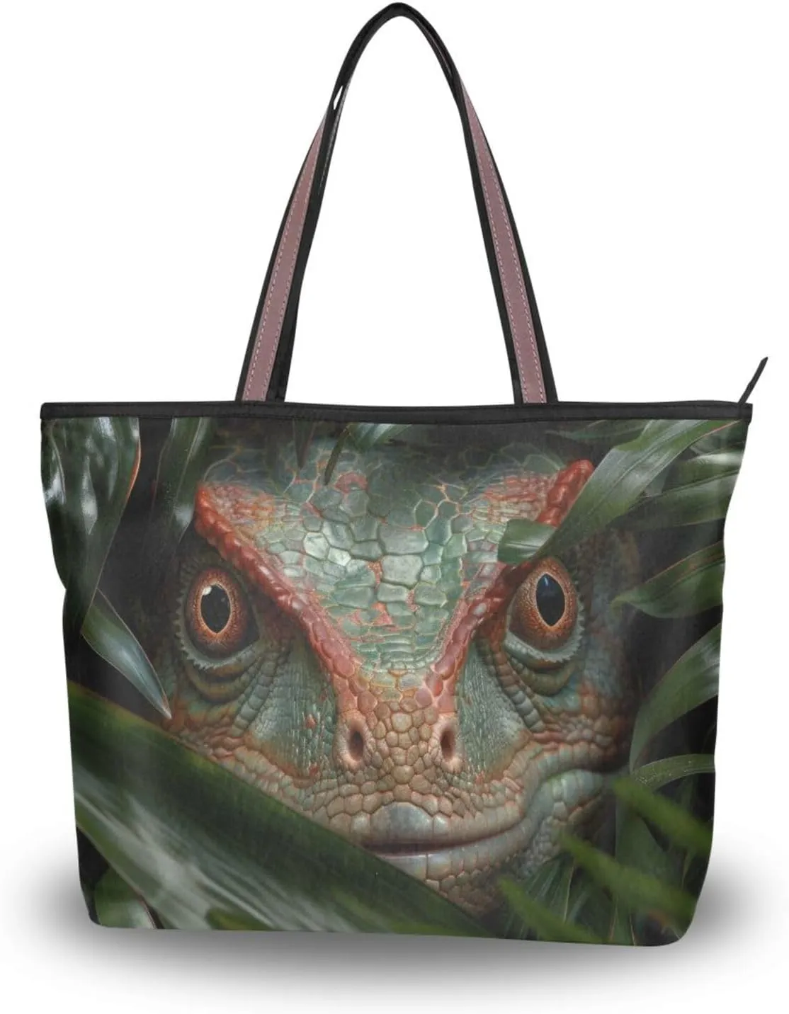 Women Tote Bag Purse Dinosaur in Bush Print with Zipper, Patterned Handbag Reusable Grocery Bag Large Size