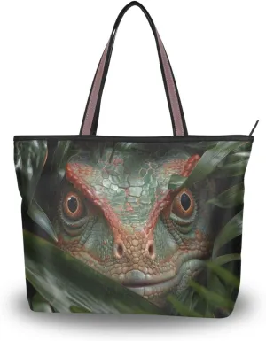 Women Tote Bag Purse Dinosaur in Bush Print with Zipper, Patterned Handbag Reusable Grocery Bag Large Size