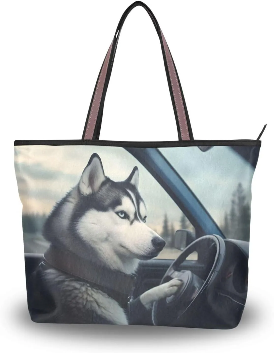 Women Tote Bag Purse Husky Drive Print with Zipper, Patterned Handbag Reusable Grocery Bag Large Size