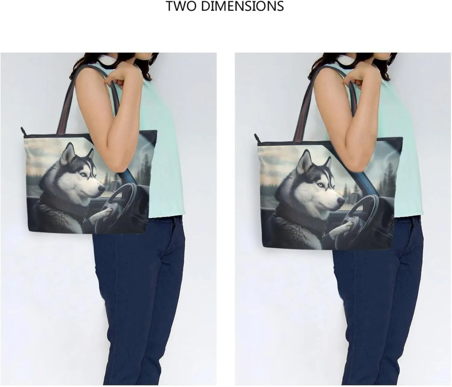 Women Tote Bag Purse Husky Drive Print with Zipper, Patterned Handbag Reusable Grocery Bag Large Size