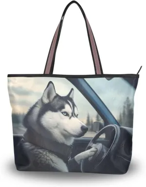 Women Tote Bag Purse Husky Drive Print with Zipper, Patterned Handbag Reusable Grocery Bag Large Size