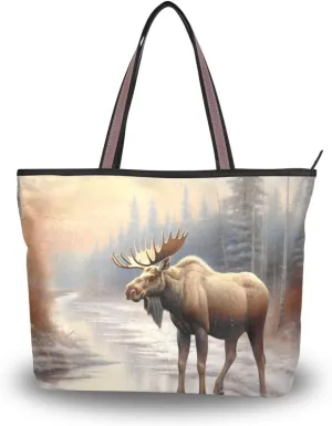 Women Tote Bag Purse Winter Moose Print with Zipper, Patterned Handbag Reusable Grocery Bag Large Size