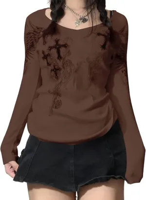 Women Vintage Fairy Grunge Y2K Long Sleeve Shirt Skull Graphic Printed Gothic Tee Tops Aesthetic Harajuku Tops