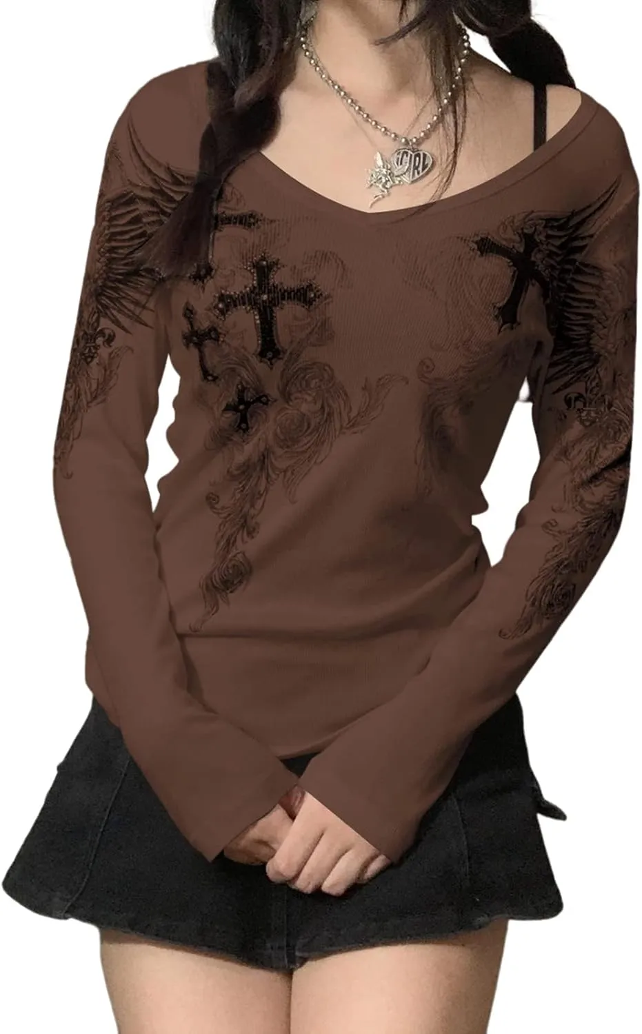 Women Vintage Fairy Grunge Y2K Long Sleeve Shirt Skull Graphic Printed Gothic Tee Tops Aesthetic Harajuku Tops