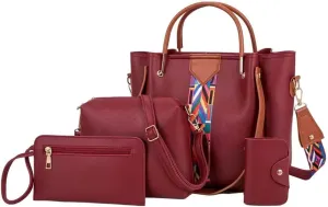 Women's 4-Piece Handbag Set with Colorful Strap, PU Leather Tote, Crossbody, Wallet and Clutch