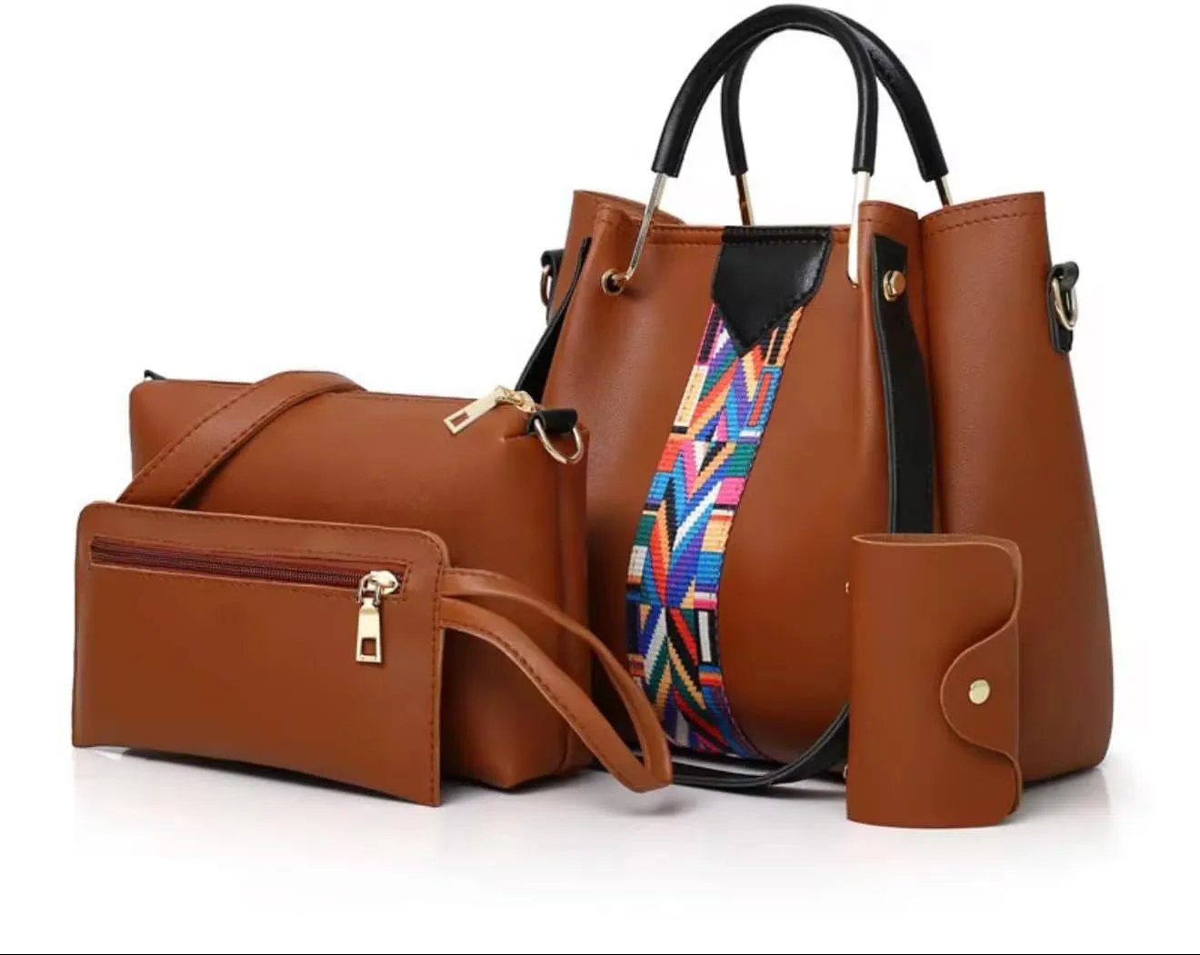 Women's 4-Piece Handbag Set with Colorful Strap, PU Leather Tote, Crossbody, Wallet and Clutch