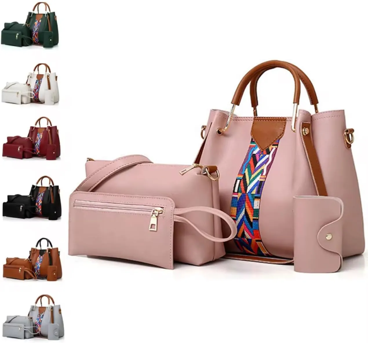 Women's 4-Piece Handbag Set with Colorful Strap, PU Leather Tote, Crossbody, Wallet and Clutch