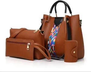 Women's 4-Piece Handbag Set with Colorful Strap, PU Leather Tote, Crossbody, Wallet and Clutch